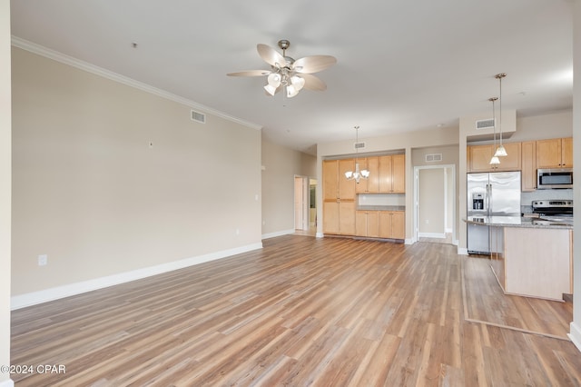 kitchen featuring appliances with stainless steel finishes, light brown cabinetry, ornamental molding, light hardwood / wood-style flooring, and hanging light fixtures