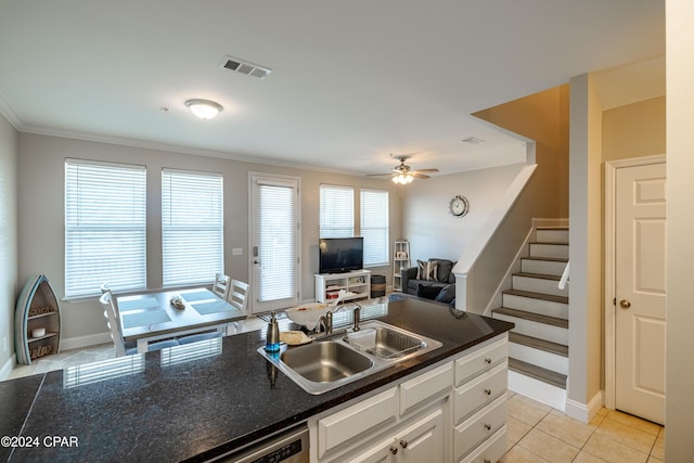 kitchen with white cabinets, ceiling fan, crown molding, and sink