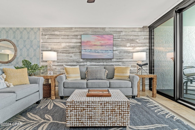 living room with crown molding