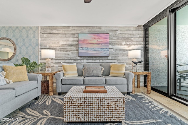6201 Thomas Dr Unit 1606, Panama City Beach, FL 32408 - living room with wallpapered walls and tile patterned floors