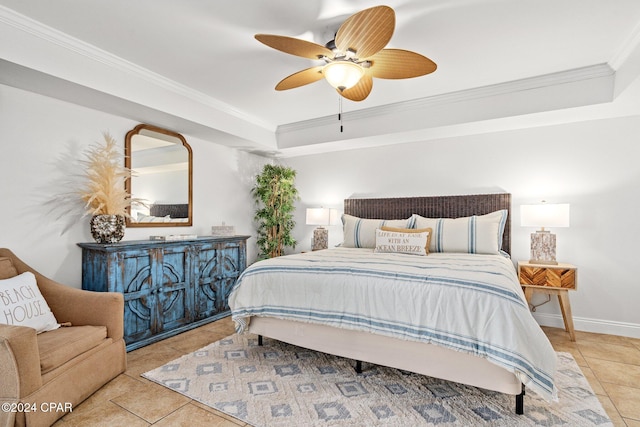 tiled bedroom featuring ceiling fan and ornamental molding