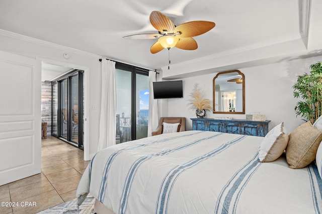 tiled bedroom with access to exterior, ceiling fan, and ornamental molding