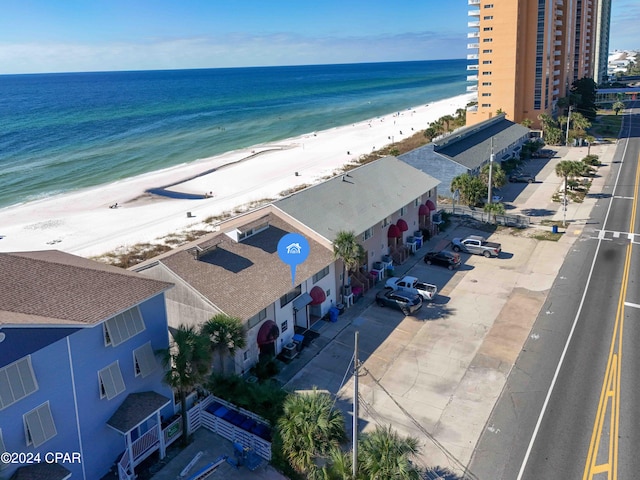 aerial view with a view of the beach and a water view