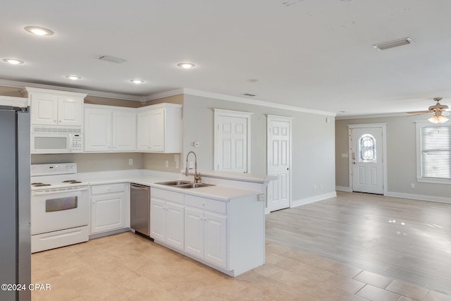 kitchen with sink, stainless steel appliances, kitchen peninsula, white cabinets, and ornamental molding