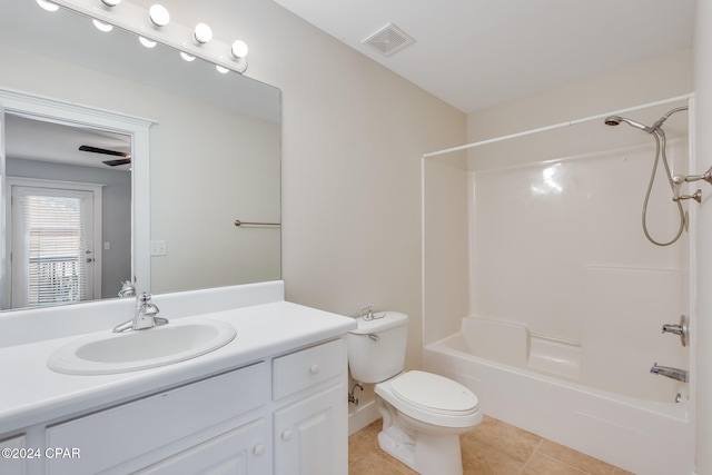 full bathroom with bathtub / shower combination, vanity, ceiling fan, tile patterned flooring, and toilet