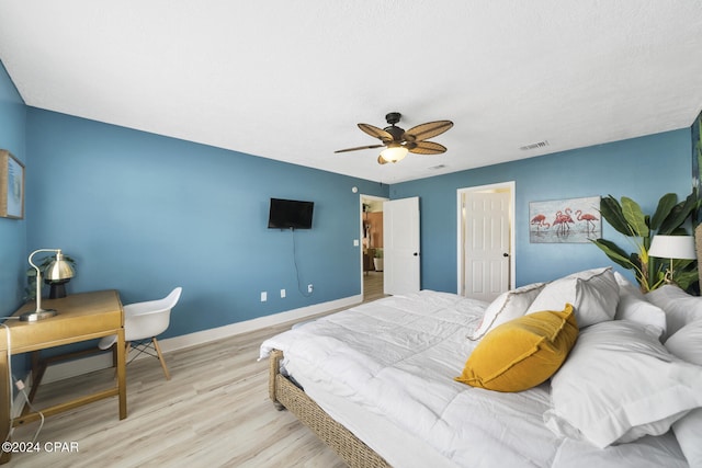 bedroom with ceiling fan and light hardwood / wood-style floors