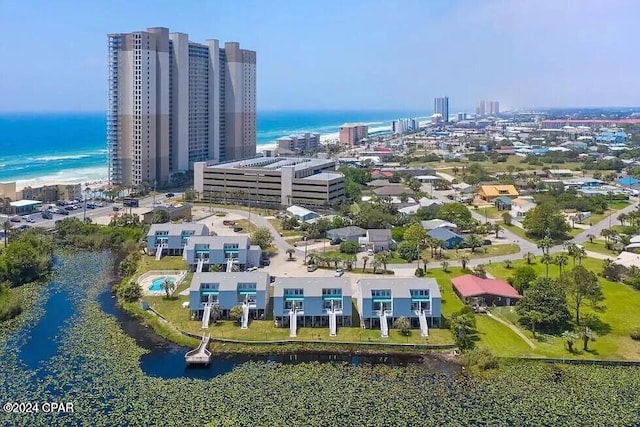 birds eye view of property featuring a water view