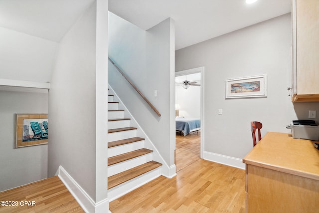 stairway featuring ceiling fan and hardwood / wood-style floors