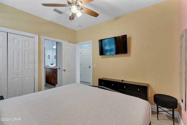 bedroom with ensuite bath, ceiling fan, and a closet