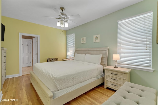 bedroom featuring light wood-type flooring and ceiling fan