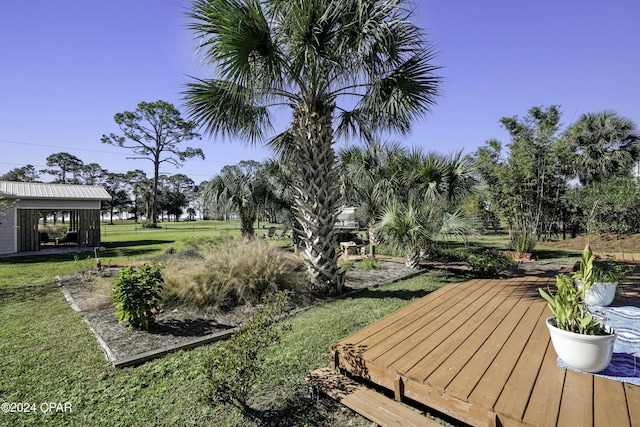 surrounding community featuring a wooden deck and a lawn