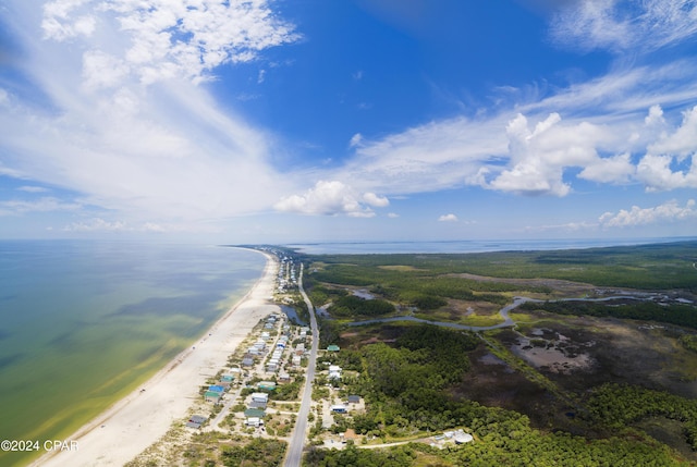 bird's eye view with a view of the beach and a water view