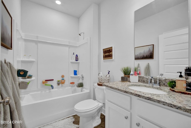 full bathroom with hardwood / wood-style flooring, toilet, vanity, and  shower combination