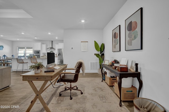 office area featuring light hardwood / wood-style floors