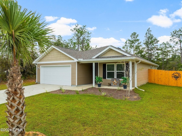 view of front of property with covered porch, concrete driveway, an attached garage, a front yard, and fence