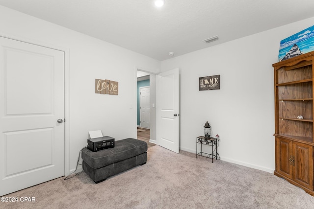 sitting room featuring light carpet