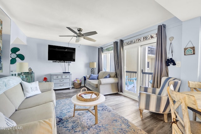 living room with ceiling fan and hardwood / wood-style floors