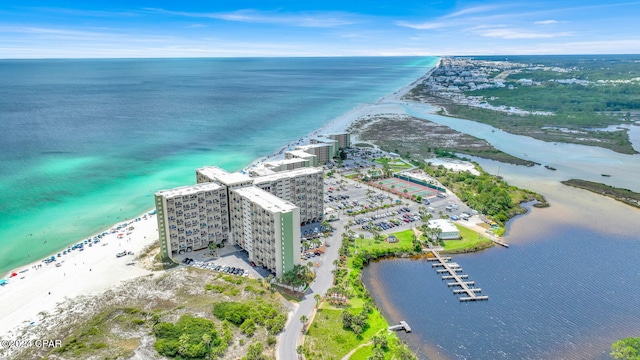 aerial view featuring a water view and a view of the beach