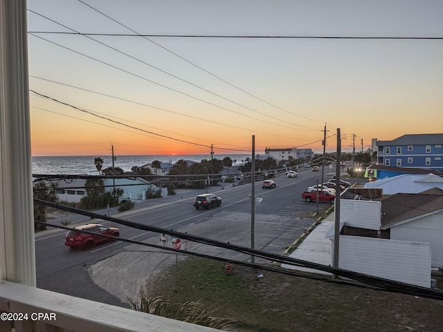 view of street with a water view