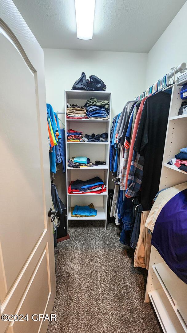 walk in closet with dark colored carpet