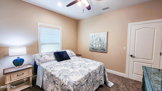 carpeted bedroom with ceiling fan