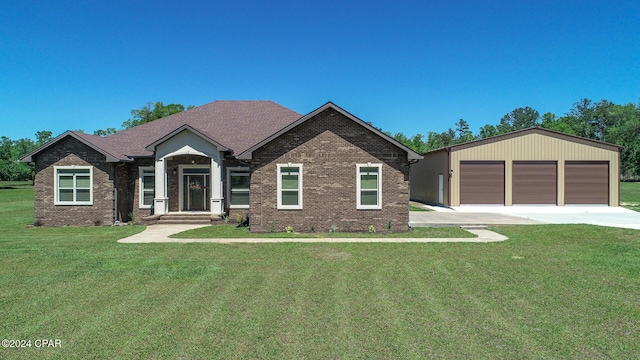 craftsman inspired home featuring a garage and a front lawn