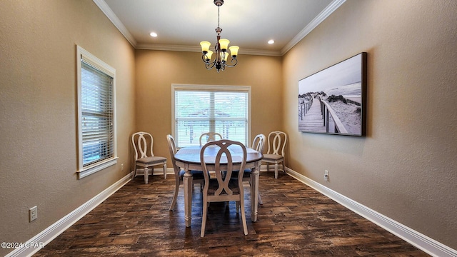 dining area with ornamental molding, dark hardwood / wood-style floors, and a notable chandelier