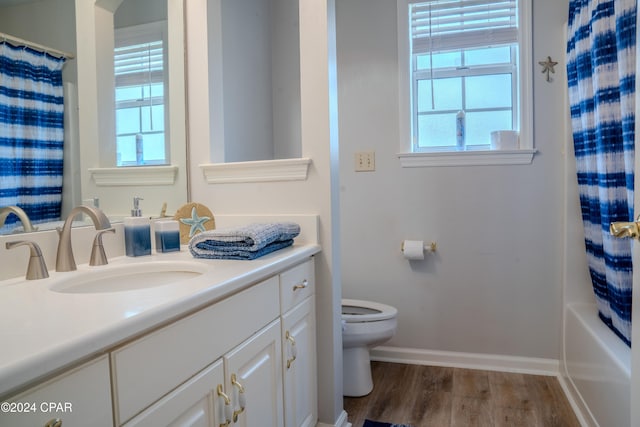 full bathroom featuring vanity, toilet, wood-type flooring, and a wealth of natural light