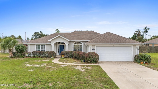 single story home with a garage and a front lawn