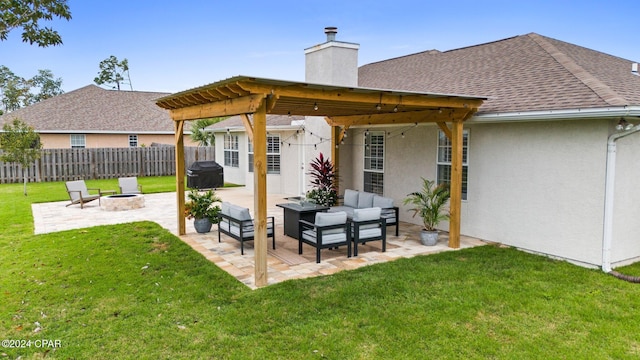 rear view of property with a pergola, a lawn, an outdoor living space with a fire pit, and a patio