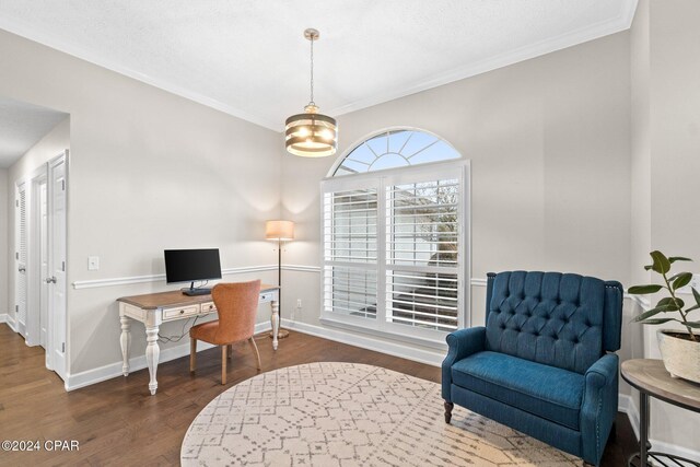 office space featuring crown molding, dark hardwood / wood-style flooring, and a notable chandelier