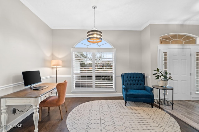 office featuring crown molding and wood-type flooring