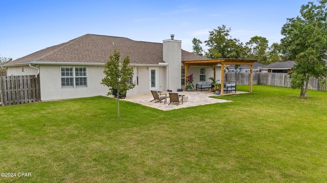 rear view of property with a patio, an outdoor hangout area, and a lawn