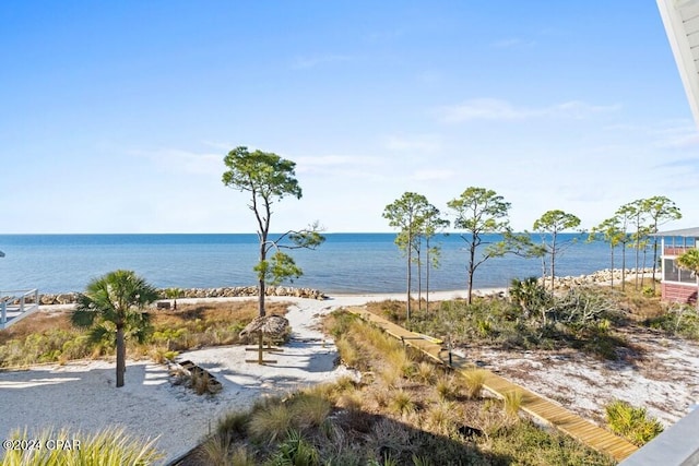 property view of water featuring a beach view