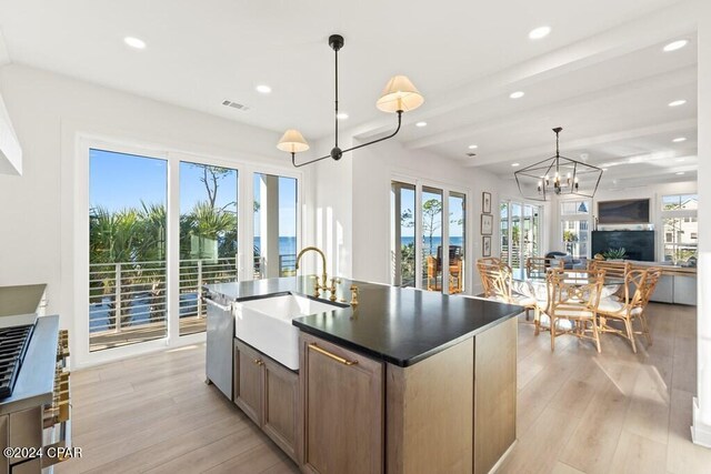 kitchen with sink, stainless steel dishwasher, an island with sink, pendant lighting, and light hardwood / wood-style floors