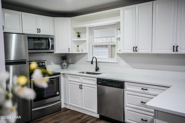 kitchen featuring sink, white cabinets, dark hardwood / wood-style floors, and appliances with stainless steel finishes