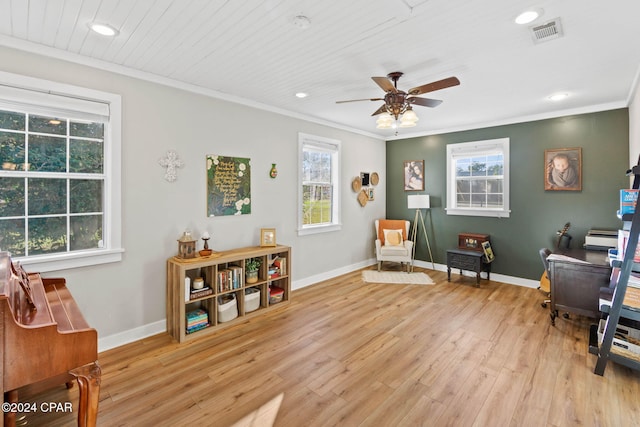 living area with wooden ceiling, ceiling fan, ornamental molding, and light hardwood / wood-style flooring