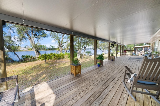 deck featuring a water view