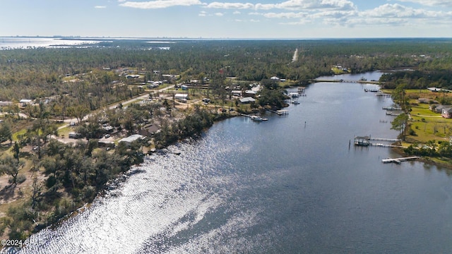 drone / aerial view featuring a water view