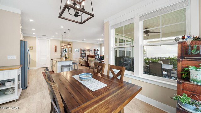 dining space with ceiling fan, sink, ornamental molding, and light wood-type flooring