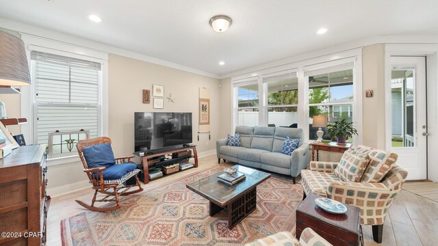 living room with light wood-type flooring and ornamental molding