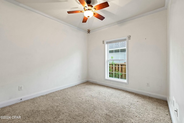 spare room with crown molding, carpet, and ceiling fan