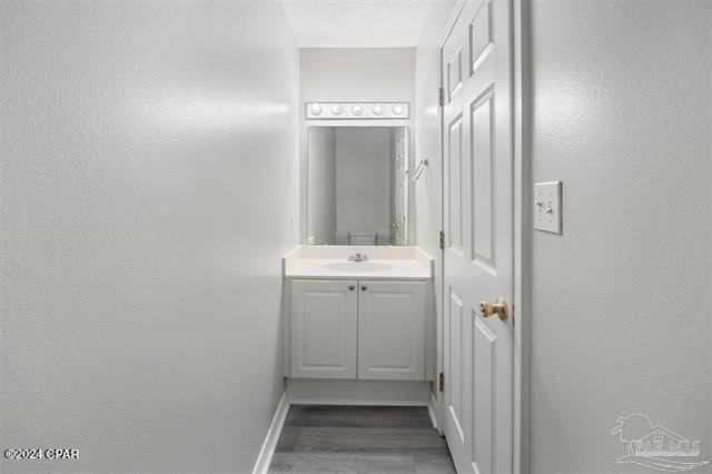 bathroom with vanity and hardwood / wood-style flooring