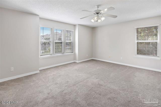 carpeted spare room with a textured ceiling, plenty of natural light, and ceiling fan