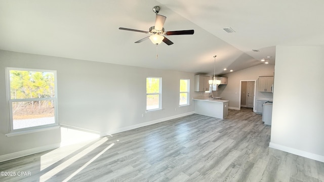 unfurnished living room featuring lofted ceiling, ceiling fan, and light hardwood / wood-style flooring