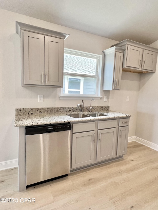 1202 Primrose Ln, Panama City, FL 32404 - kitchen with dishwasher, a sink, gray cabinets, and light wood finished floors