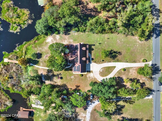 aerial view featuring a water view