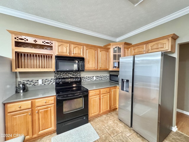 kitchen featuring black appliances, crown molding, decorative backsplash, light tile patterned floors, and a textured ceiling