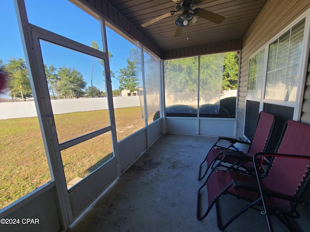 sunroom / solarium with ceiling fan and wood ceiling