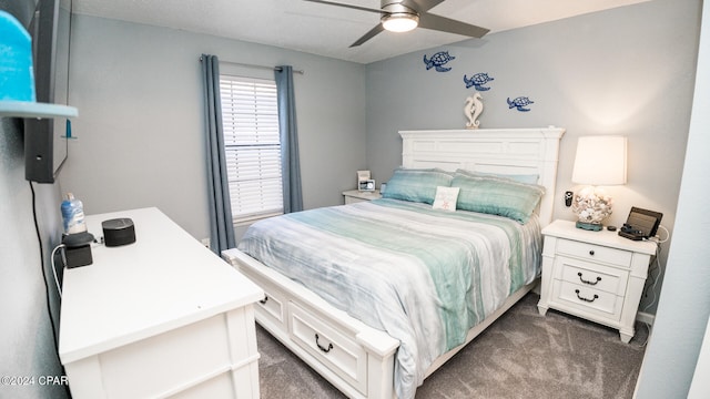 carpeted bedroom featuring ceiling fan